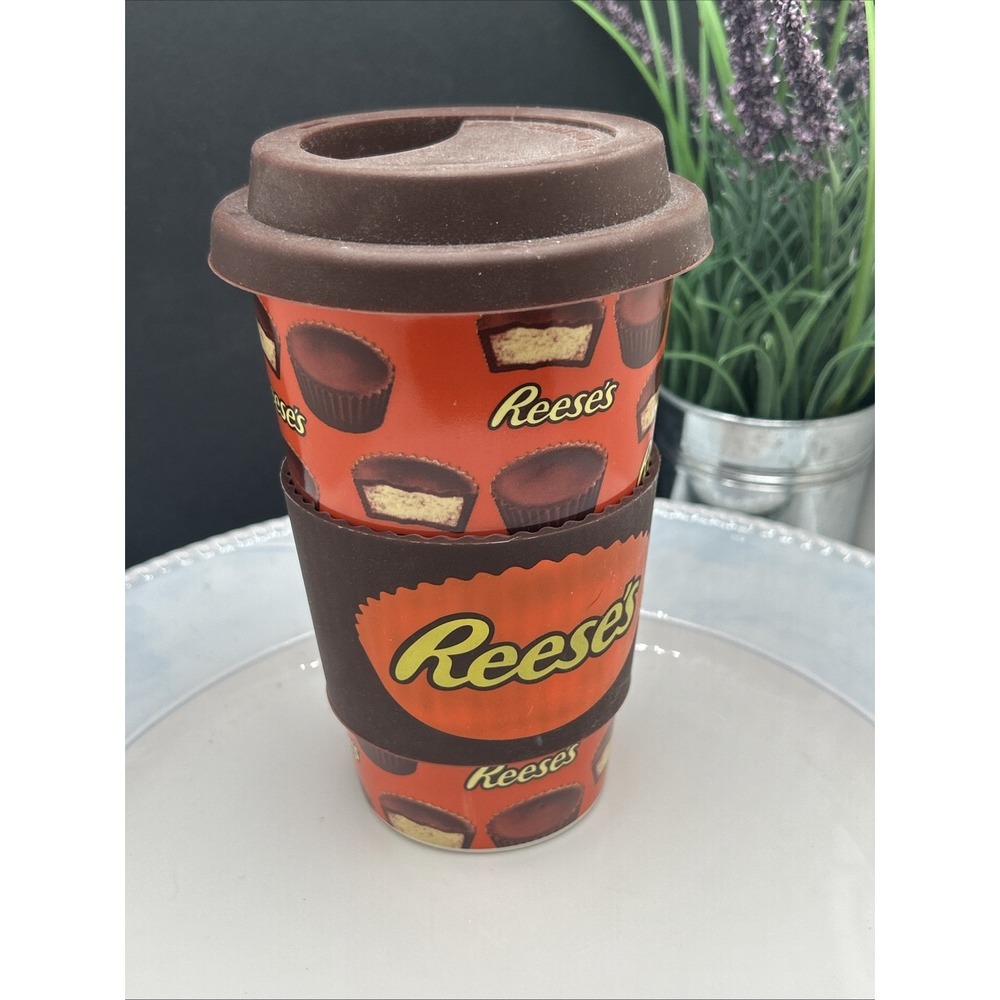 Reese's Peanut Butter Cup Travel Coffee Mug Silicone Grip Ceramic 16 oz Tumbler.